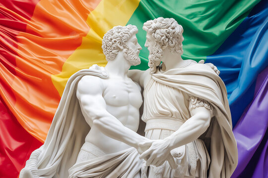 Gay couple ancient marble sculptures on lgbt flag background. Greek gay sculpture. Two men in love. Romantic loving embracing couple, valentine's day, endless love, LGBTQ+ movement, pride - Powered by Adobe