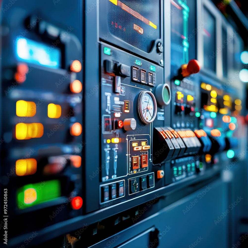 Poster close-up of a control panel with colorful lights and gauges.