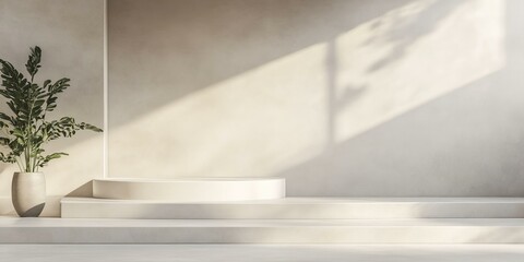 White podium, plant, and wall in sunlight.