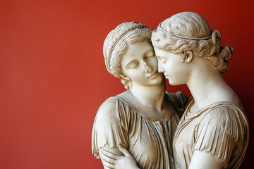 Lesbian couple ancient marble sculptures. Greek lesbian sculpture. Two women in love. Lgbtq concept. Romantic loving embracing couple, valentine's day, endless love, LGBTQ+ movement theme, copy space