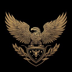Golden Eagle with Spread Wings Perched on a Shield with Floral Elements