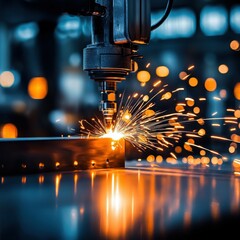 Close-up of a laser cutting metal with sparks in a workshop setting.