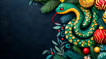 A green snake coiled near a Christmas tree adorned with red ornaments on a dark blue background, symbolizing the New Year in a festive setting. Copy space.