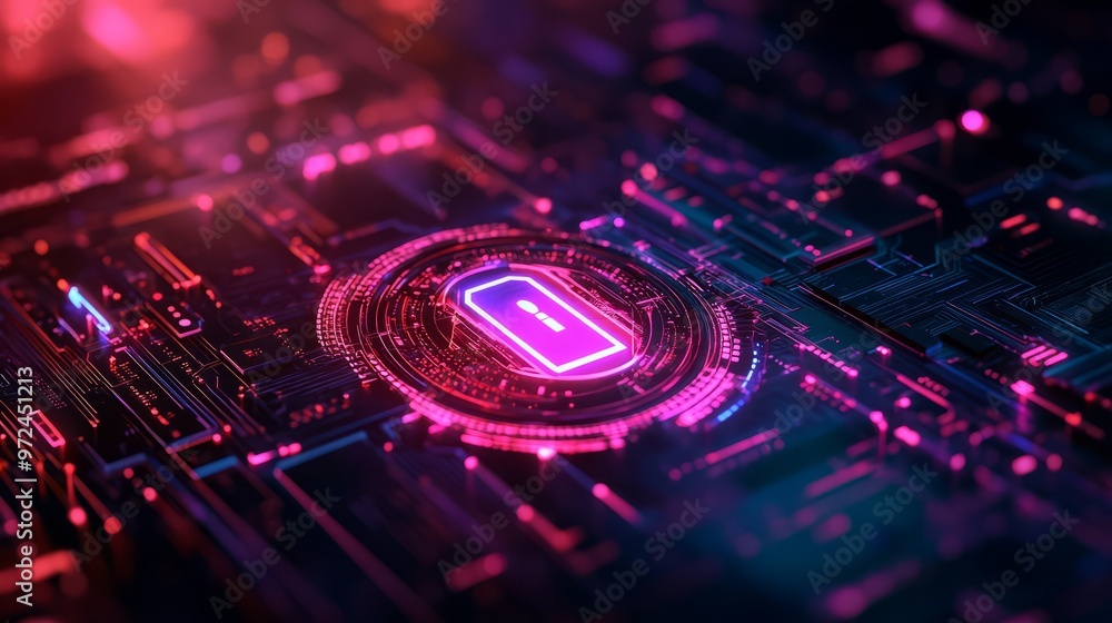 Poster hacker attack system, cybersecurity hologram and lock icons