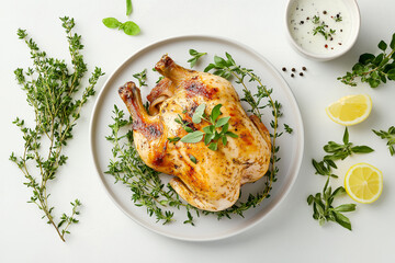 Whole roasted chicken on a serving plate with herbs, top view. Traditional celebration food. Thanksgiving roast chicken or turkey. Easy roast turkey recipe