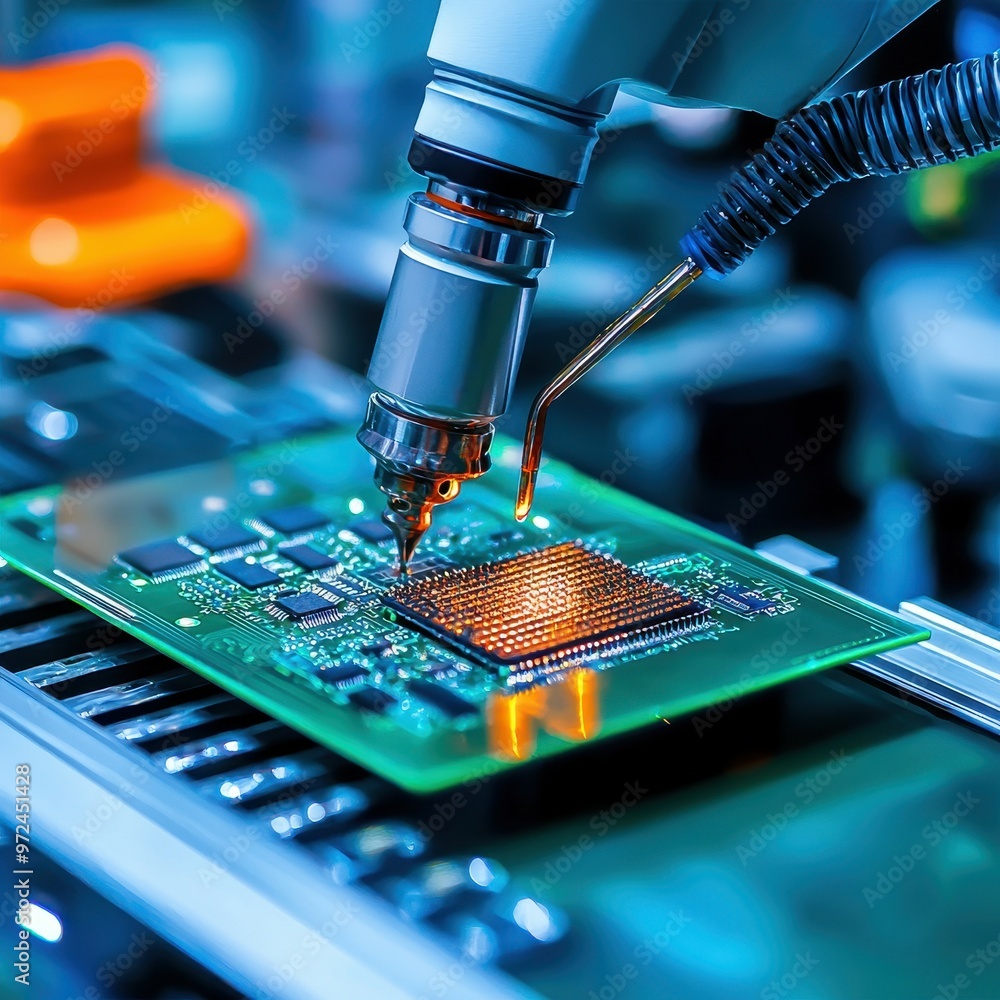 Poster close-up of a robotic arm soldering a microchip on a circuit board.