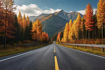 Realistic autumn season with road pathway and tree with orange red and yellow leaf color change in fall time landscape with cloud sky background in concept of peaceful travel and expoloration