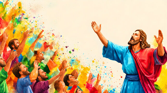Watercolor colorful illustration Jesus Christ delivers a sermon to a gathered crowd, imparting wisdom and spiritual teachings. Religion, Christianity concept. Copy space.