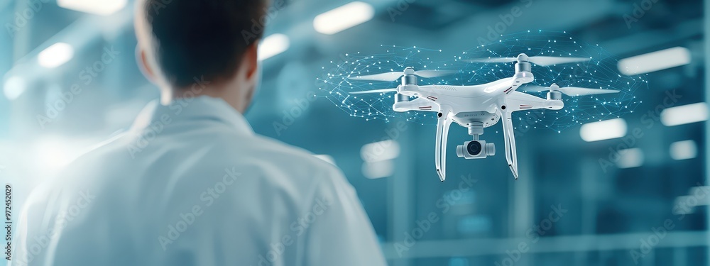 Poster researchers exploring the potential of autonomous drones in a high-tech lab