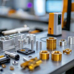 Precision metal parts displayed on a workshop table for engineering and manufacturing.