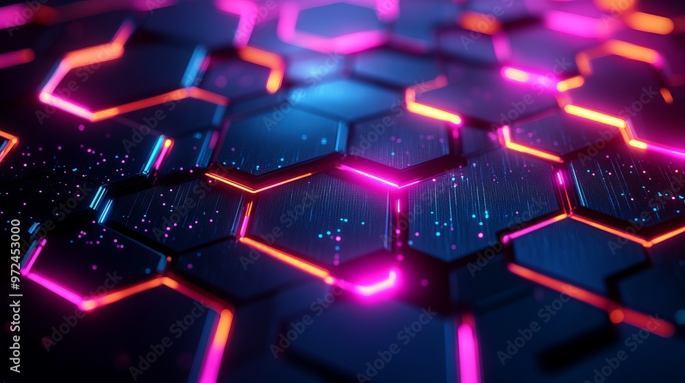 Poster abstract and futuristic hexagonal background with colorful and glowing neon effect. modern technolog