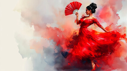 Watercolor illustration of a Spanish woman dancing flamenco in a vibrant red dress, exuding passion...