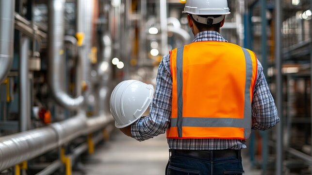 An industrial worker wearing a high-visibility vest and holding a white safety helmet, with pipes and industrial equipment in the background, signifying safety and readiness.