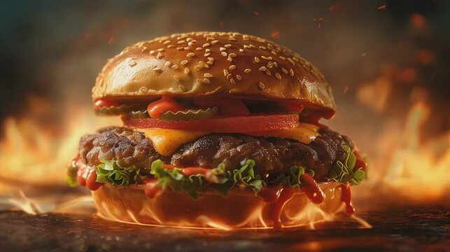 Delicious Grilled Cheeseburger with Lettuce, Tomatoes, and Pickles, Surrounded by Flames and Flying Sparks, Perfect for BBQ and Food Lovers