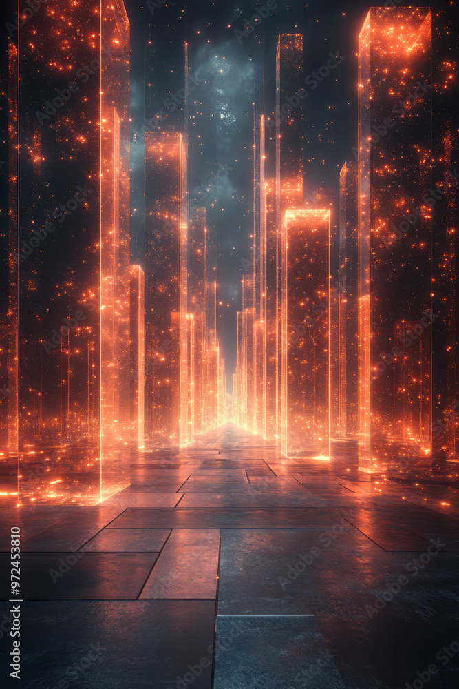 Poster a futuristic background with 3d bar graphs popping out from a flat surface,
