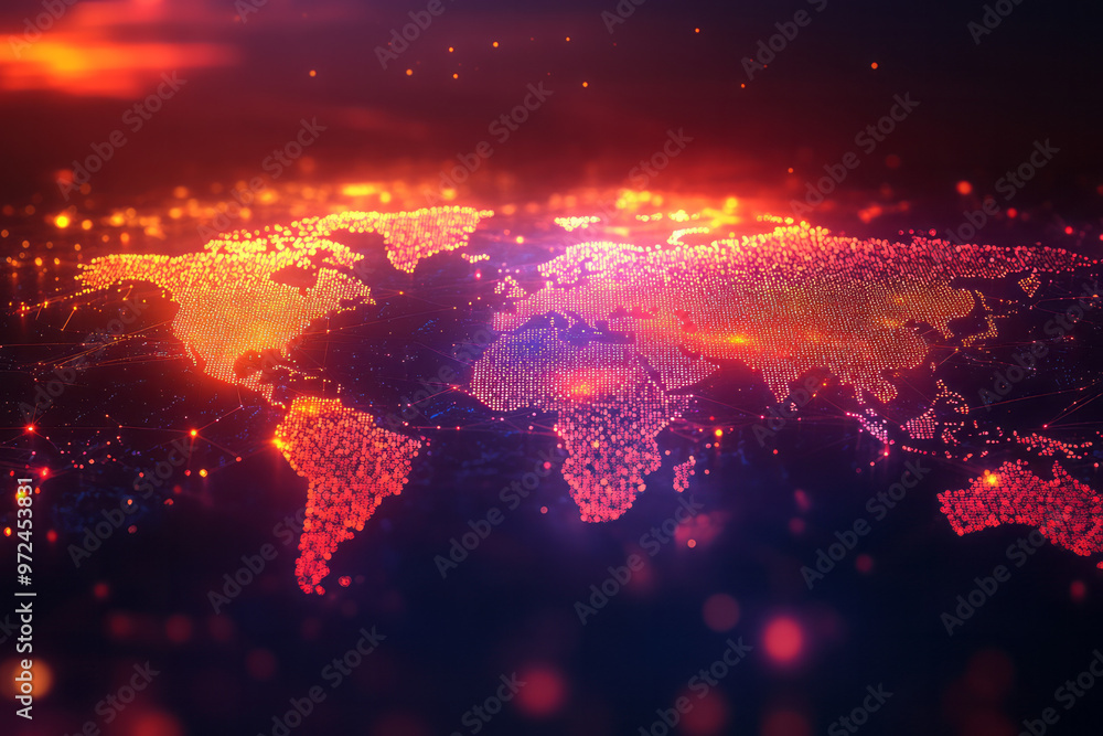 Poster a background with a mosaic of colorful data points forming a world map,