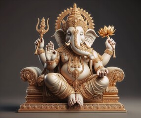 Gold or Bronze statue of Hindu deity Ganesha with four arms, intricate jewelry, and a halo on a grey background. cultural, religious, and artistic themes.