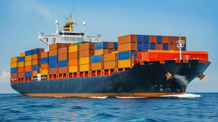 Fototapeta premium a logistics cargo container ship that travels by sea to import, export, and distribute products to dealers and consumers around the world. Cargo container ship. Cargo ship