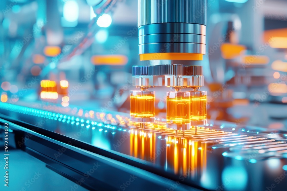 Poster close-up of advanced robotic assembly line in action with glowing components.