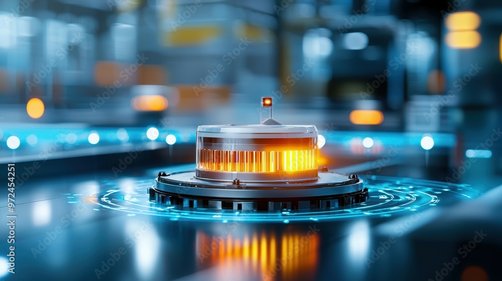 Poster futuristic power source with glowing elements and high-tech interface.