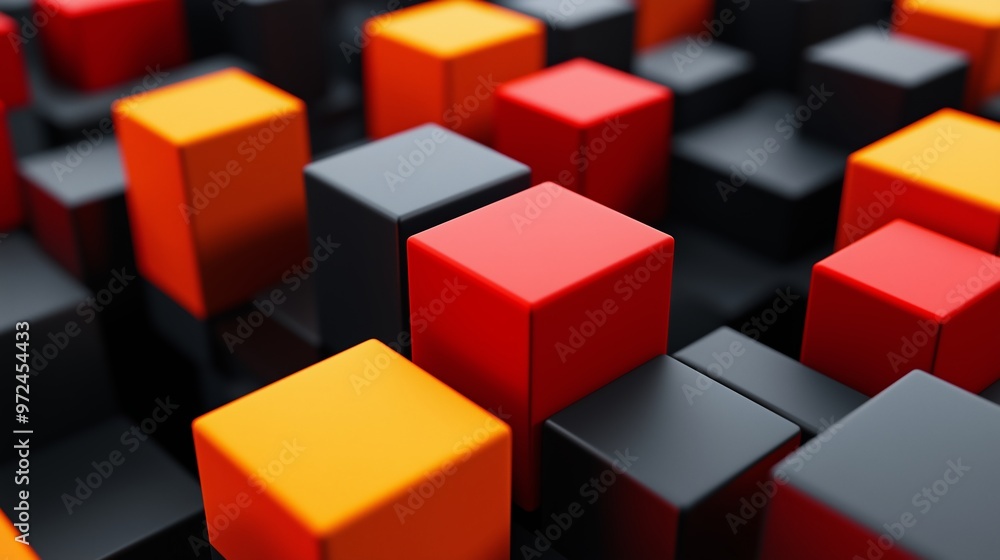 Poster colorful arrangement of blocks in black, red, yellow, and orange on a textured surface creating a dy