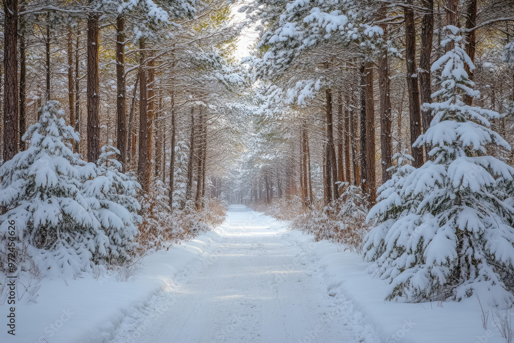 Poster A snowy forest path lined with towering pine trees,
