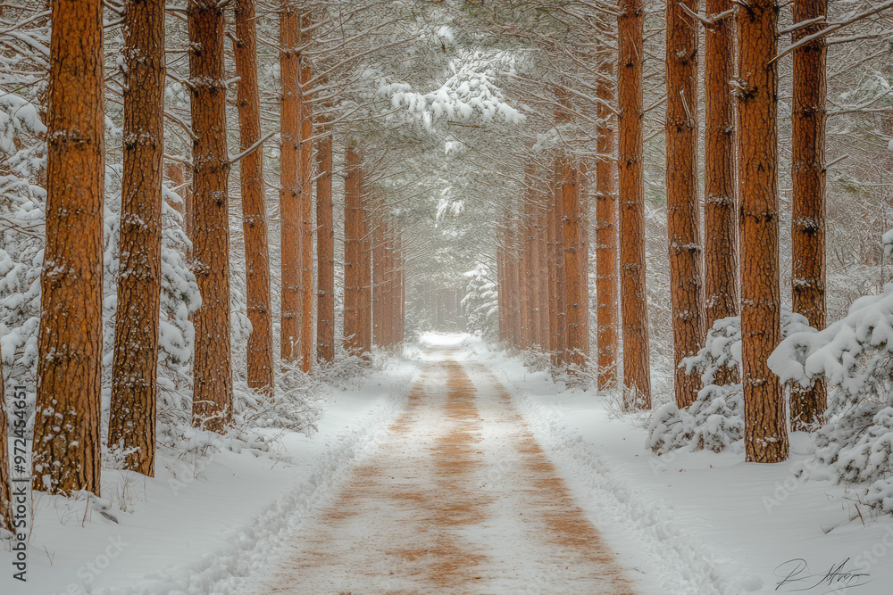 Poster A snowy forest path lined with towering pine trees,