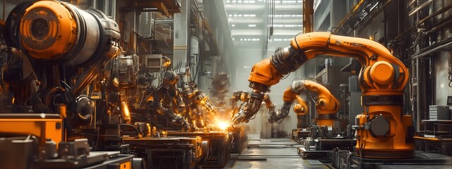 A group of robotic arms welding and repairing pouches on a production line in the background