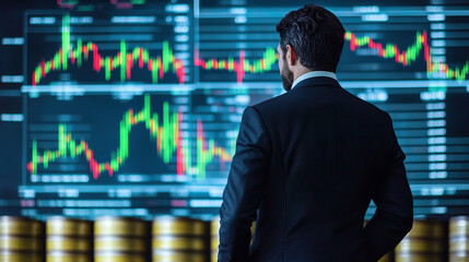 Fototapeta premium Businessman observing oil barrels and business stock market chart, symbolizing oil price fluctuations and market instability, highlighting the impact of energy industry fluctuations on the economy.