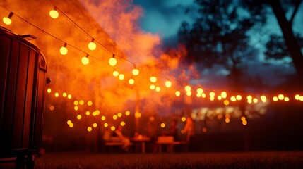 A retro family gathering in a spacious backyard, soft warm lighting, string lights, kids playing, smoke-filled air from grills, adults chatting, 1960s pop art style, vibrant tones