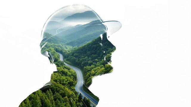 Double exposure of engineer take deep breath and thinking of environmental engineering . ESG and world environment sustainability