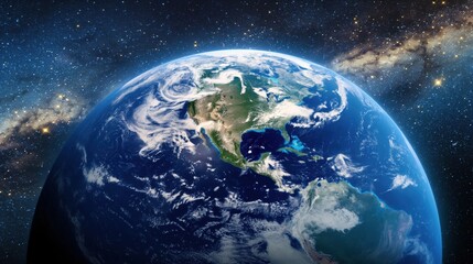 Panoramic view of Earth, stars and galaxy. Planet Earth, view from space. Space fantasy. Blue planet Earth in space. Globe in space. Earth sphere. Sunlight with stars in space