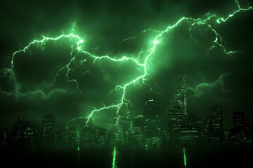 A dramatic cityscape illuminated by green lightning against a dark, stormy sky.
