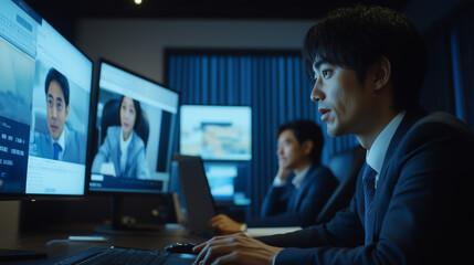 オンラインミーティング・テレカンをするスーツを着たビジネスマン