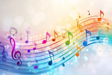 A vibrant, rainbow colored music staff with floating 3D musical notes in various colors. The blurred background enhances the dynamic composition, with soft lighting and copy space