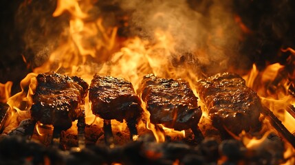 A rustic wood and charcoal grill with flames licking the grill bars, thick smoke swirling upward, food charred to perfection, captured in cinematic lighting, warm tones, realism
