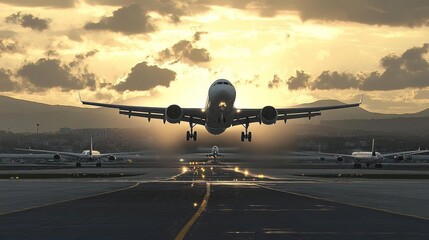 Naklejka premium Airplane landing on runway at sunset with clouds.
