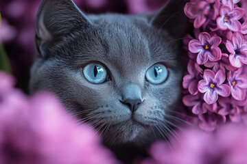 A shy Russian Blue cat peeking out from behind a bush of lilacs,