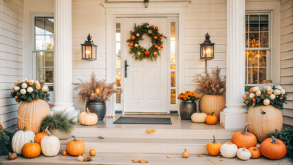 Beautiful front porch decorated with pumpkins and autumn wreaths for fall