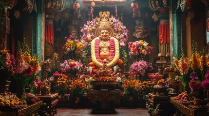 Fototapeta premium The large Taowesuwan idol, richly decorated with floral garlands and colorful ornaments,