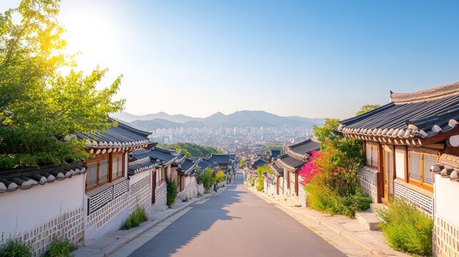 A picturesque shot of the Bukchon Hanok Village in Seoul, South Korea, with traditional Korean houses, tiled roofs, and narrow lanes capturing the essence of historical Seoul