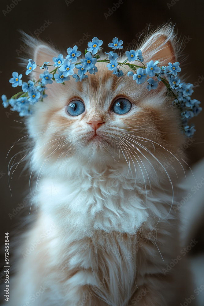 Poster a persian kitten with a small flower crown made of tiny forget-me-nots,