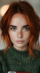 Naklejka premium Woman With Red Hair Looking Screen Her Mobil