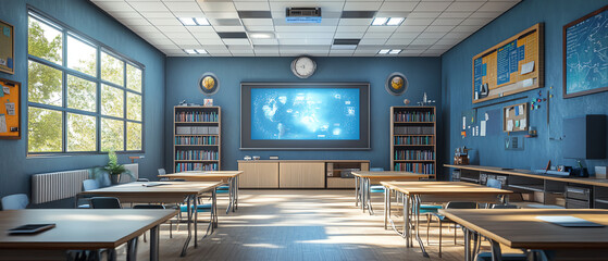 Fototapeta premium Produce a futuristic frontal view of a virtual reality classroom, merging elements of technology and imagination seamlessly in a stunning, photorealistic 3D rendering