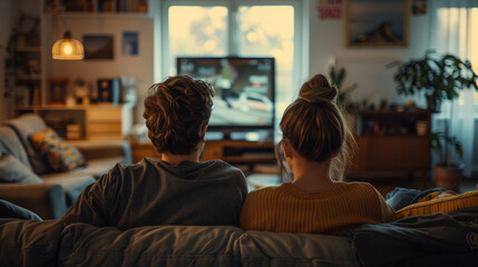 A couple sitting on a couch watching TV in a cozy living room.
