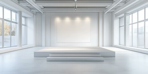 Fototapeta premium Empty white room with a platform and windows.