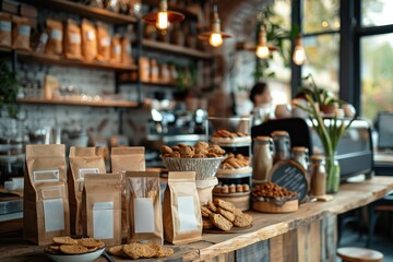 Fototapeta premium Cozy Cafe With Rustic Decor and Assorted Freshly Baked Goods on Display