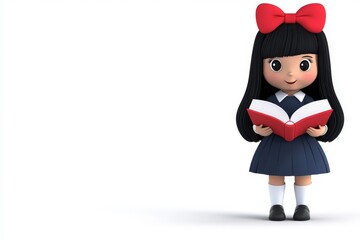 Fototapeta premium The girl with the red bow is writing notes full body fac 170 woman, child, music, beauty, cartoon, people, smile, headphones, student, model, face, kid, illustration, fun, business, boy, one, hair.