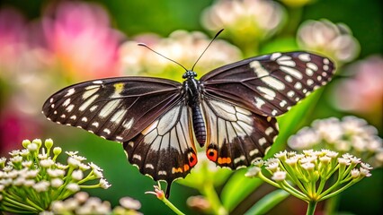 Fototapeta premium A black butterfly with pale white markings and beautiful, membranous wings perched delicately on a flower, its vibrant