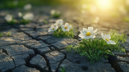 Metaphor of healing  transformation from cracked ground to blooming flowers and lush greenery